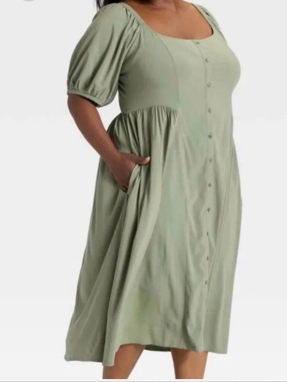 Ava & Viv Olive Green Puff-Sleeve Midi Dress